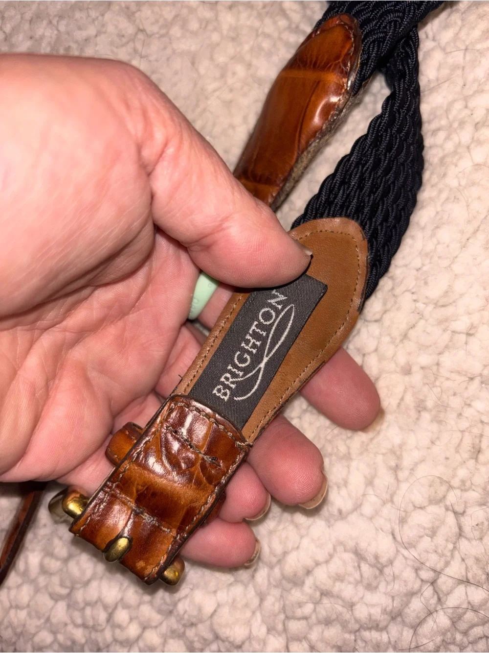 Brighton Black Woven Belt Cognac Croc Leather Golden Brass Buckle 36